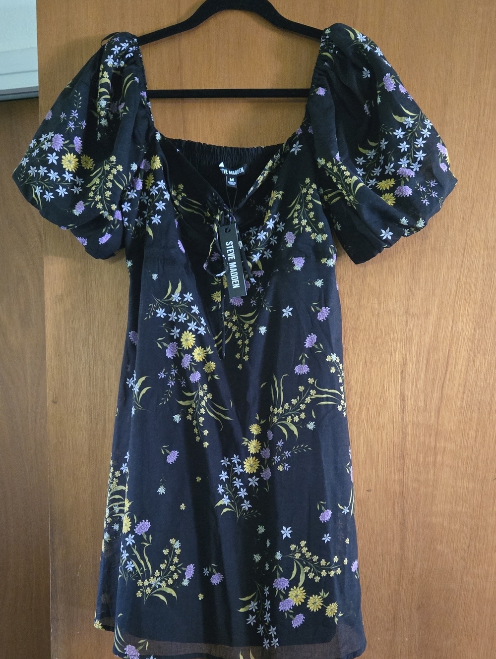 Steve Madden Black Floral Puff-Sleeve Mini Dress